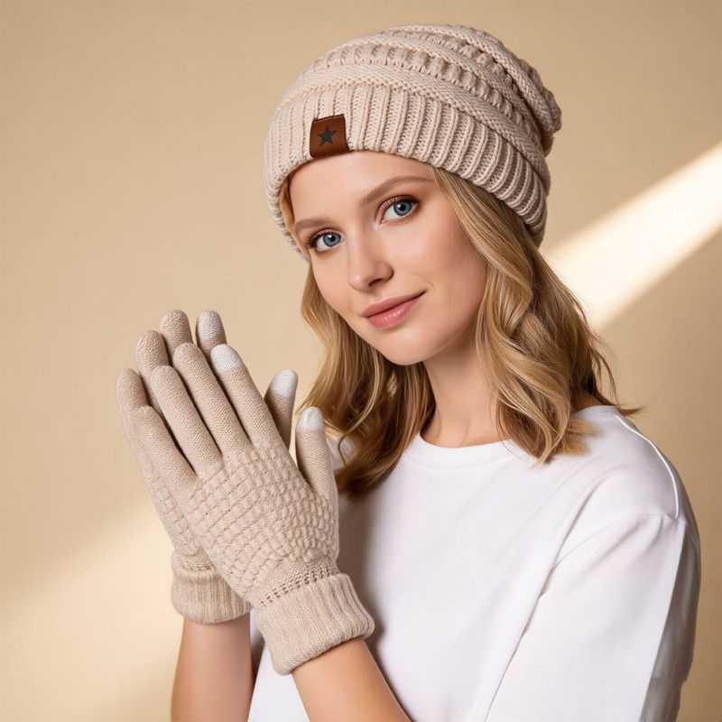 Vintage Cable-Knit Fleece-Lined Beanie & Touchscreen Gloves Set, Women’s Warm Winter Knit Hat 2-Piece Set—Red