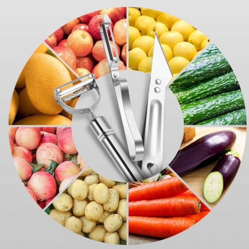 Stainless Steel Multi-function Peeler 3 Pcs Set, Fruit Vegetable Slicer Shaver & Tweezers Kitchen Tool Kit