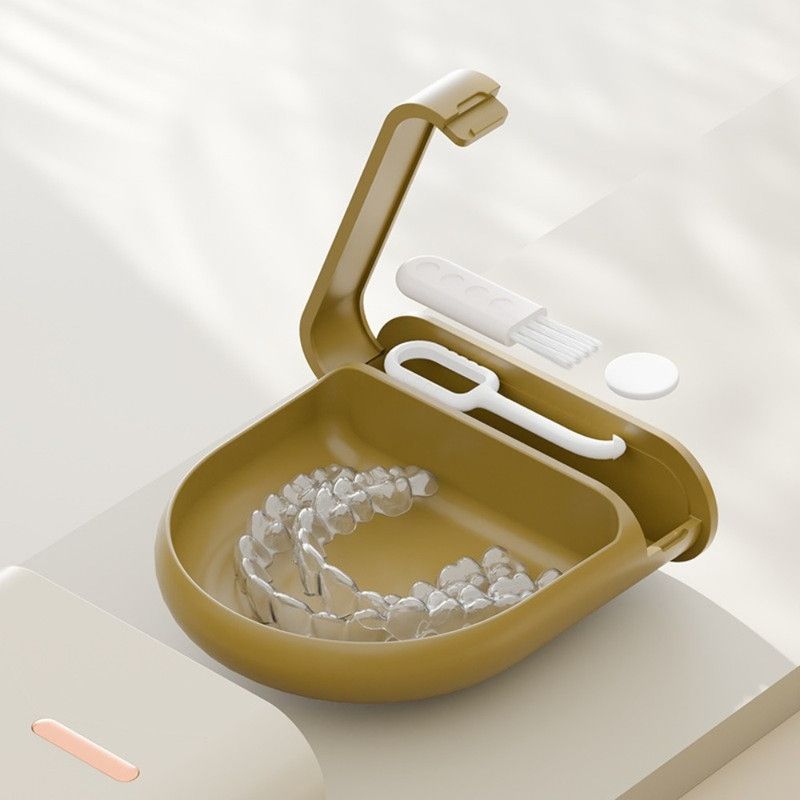 Portable Ventilated Retainer Case, Orthodontic Invisible Braces & Denture Storage Box With Tool Compartment—Beige