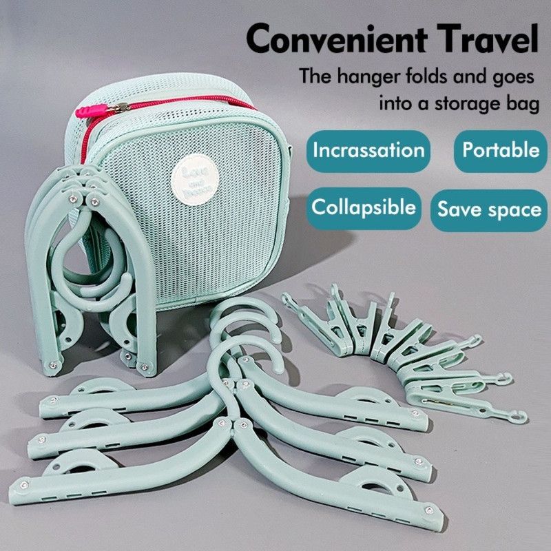 Portable Foldable Travel Clothes Hanger Set, Includes Clips, Clothes Rack with Storage Bag for Business Trips and Home Use - Pink