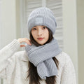 Women's Winter Knit Beanie & Scarf Set, Thick Vertical Stripe Warm Slouchy Hat with Ear Protection and Scarf—Gray
