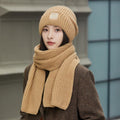 Women's Winter Knit Beanie & Scarf Set, Thick Vertical Stripe Warm Slouchy Hat with Ear Protection and Scarf—Khaki