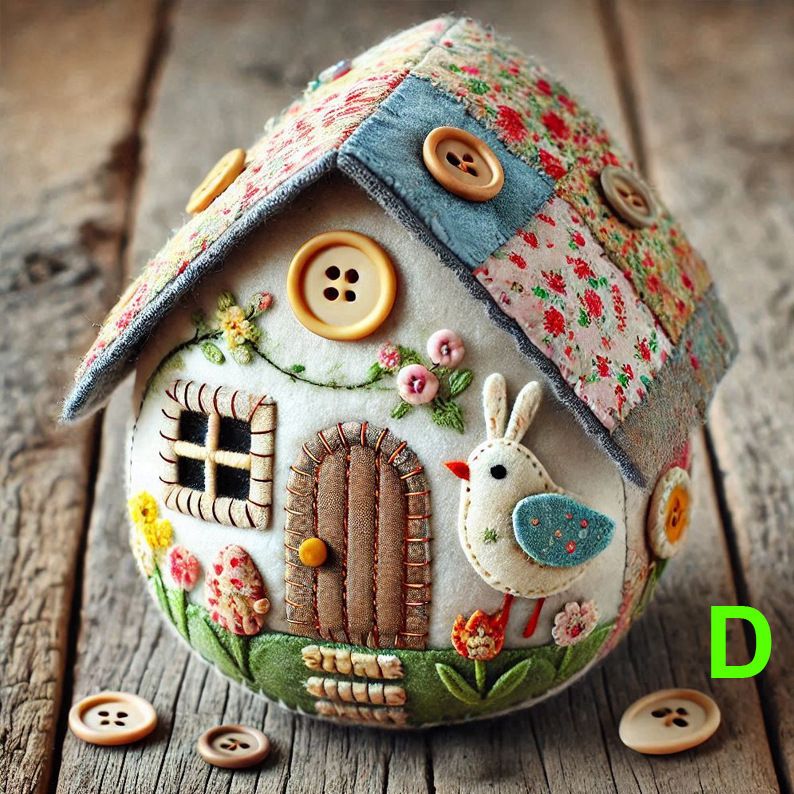 Handmade Felt Cottage Ornament, Patchwork Fabric House Decor, Easter Bunny Bird Stuffed Soft Craft Ornament, Vintage Sewing Button Home Decor Gift