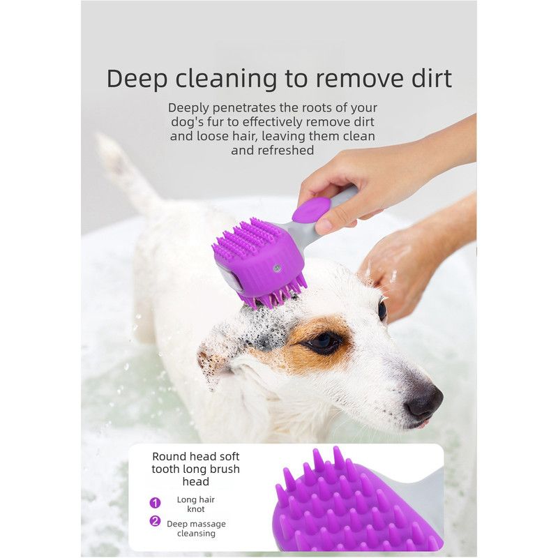 Pet Bath Brush Massage Shampoo Dispensing Grooming Brush for Dog Cat Hair Cleaning-purple