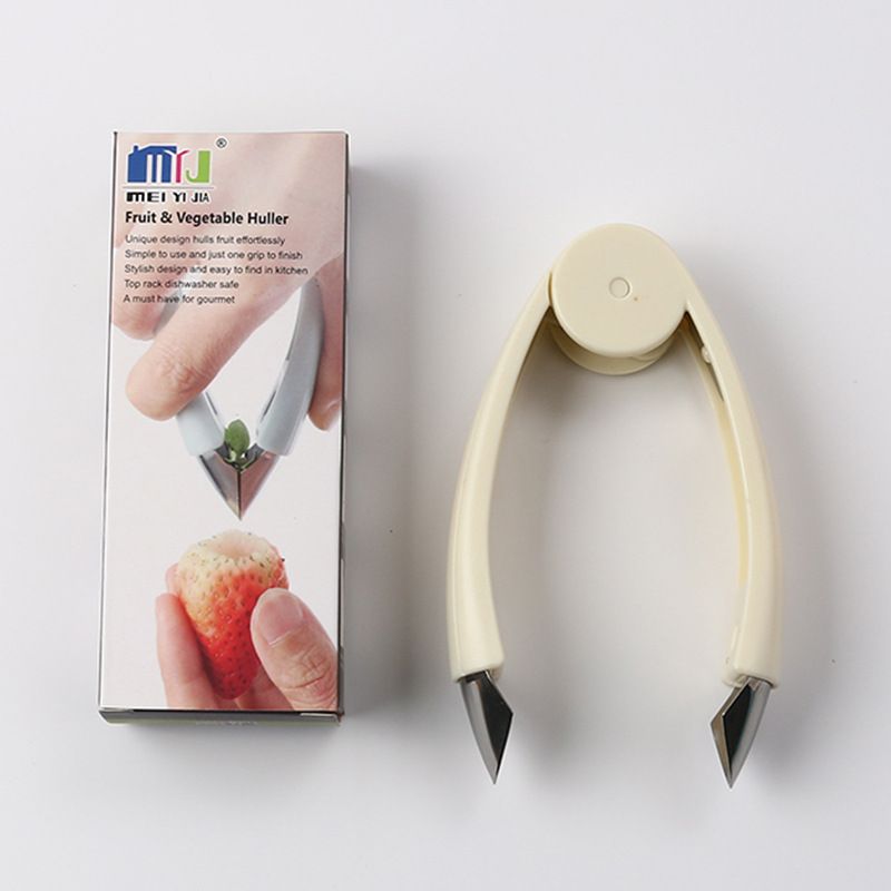 Stem Remover Tool for Strawberry, V Shape Fruit Huller Clip, Portable Berry Leaf Corer Picker for Kitchen-Cream