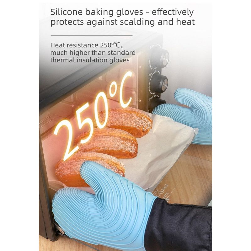 Heat Resistant Silicone Oven Mitts Non Slip Double Layer Cooking Baking Gloves For Kitchen BBQ-Sky Blue