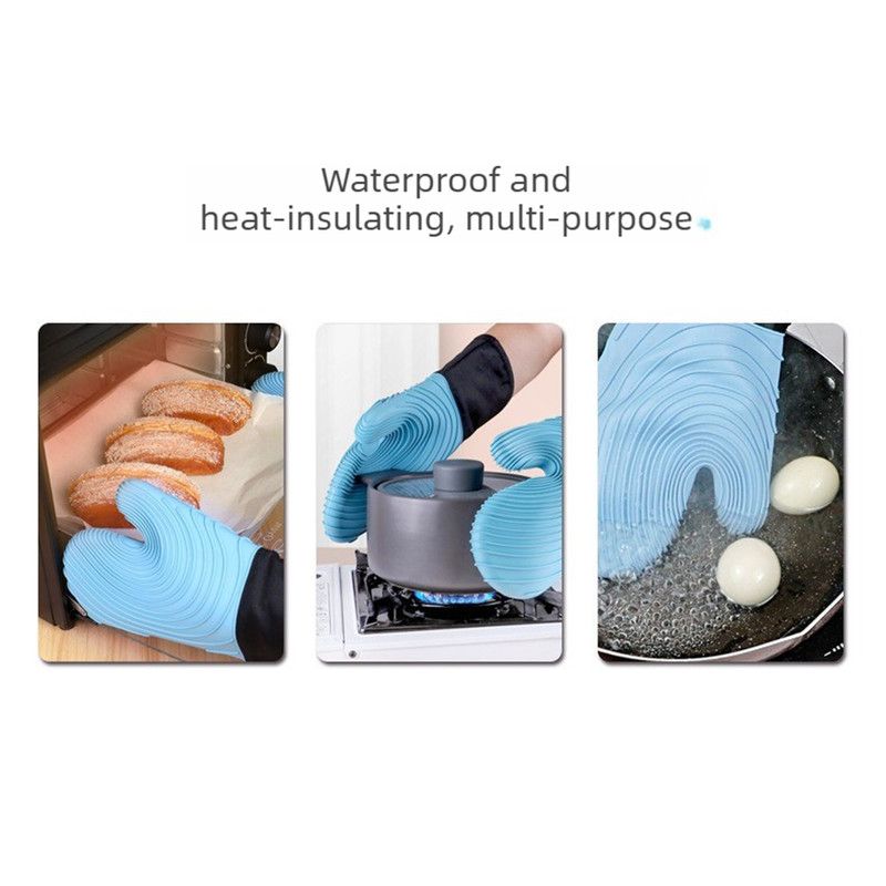 Heat Resistant Silicone Oven Mitts Non Slip Double Layer Cooking Baking Gloves For Kitchen BBQ-New Blue