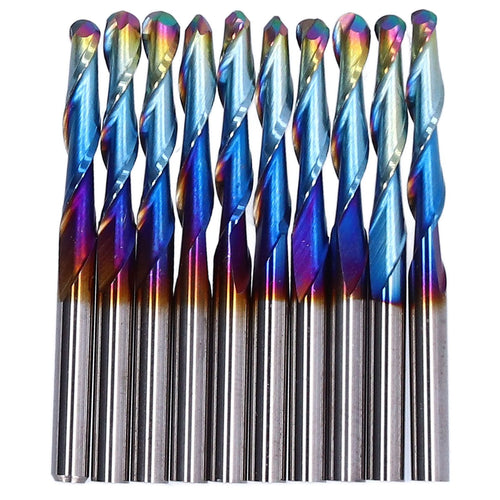 10Pcs Router Bits Tungsten Steel Spiral Flute Milling Cutter Tool with Plating Blue for Wood PVC Nylon