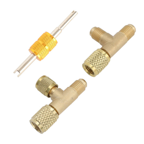 1/4in Valves Core Brass Tee Adapter Quick Coupler Access Tee Fittings for Vacuum Gauge R22 R12 R134 Refrigerant