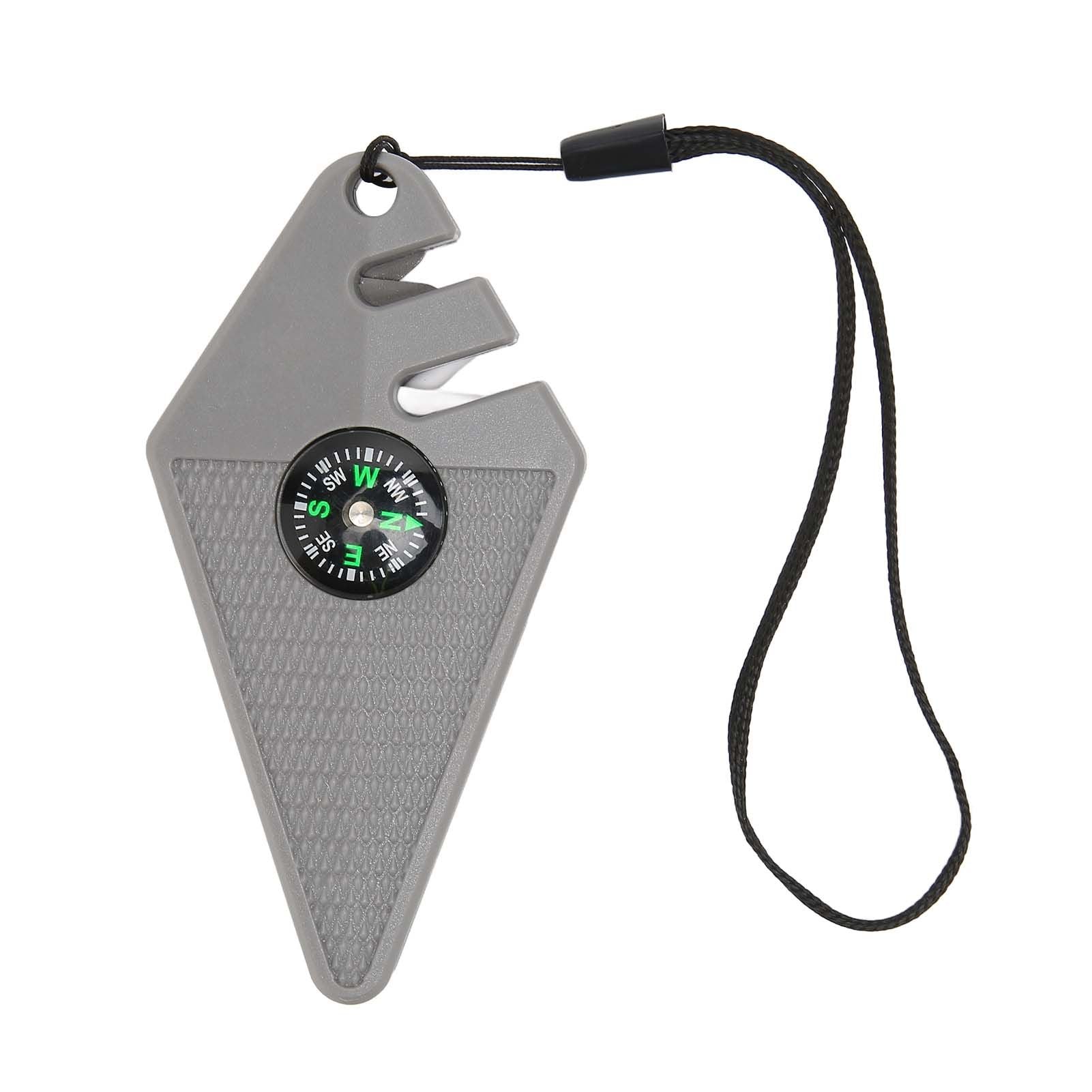 2PCS 6 in 1 Outdoor Knife Sharpener with Compass Survival Whistle Fish Hook Grinding Polishing Portable Gray
