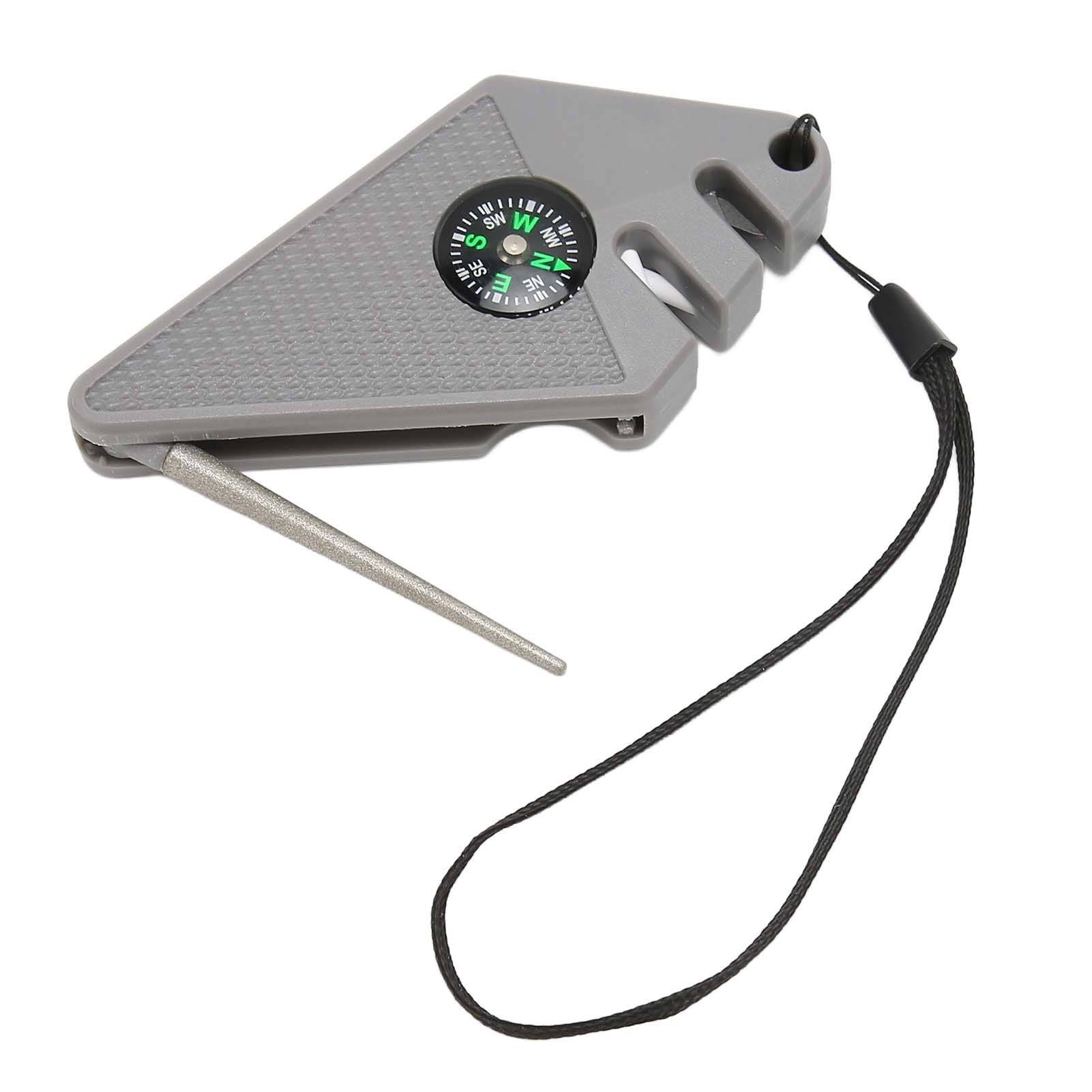 2PCS 6 in 1 Outdoor Knife Sharpener with Compass Survival Whistle Fish Hook Grinding Polishing Portable Gray