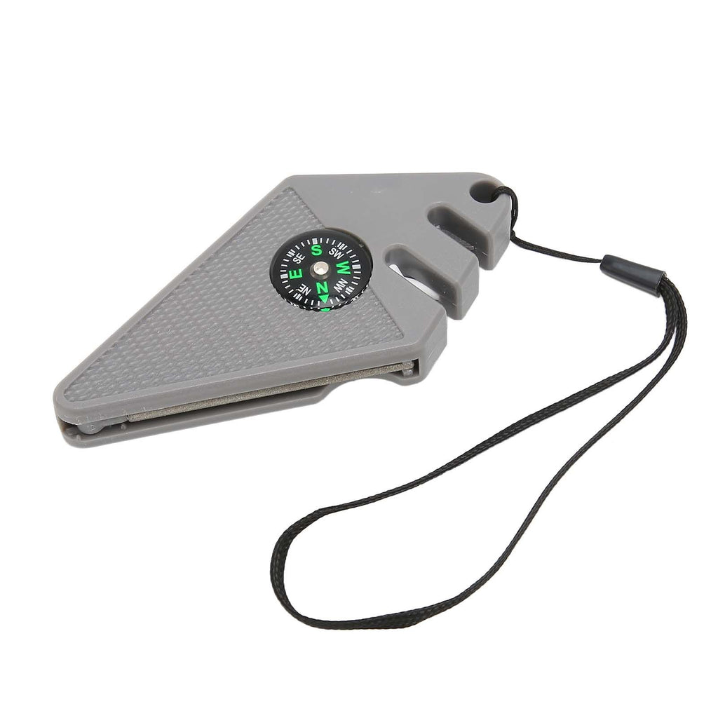 2PCS 6 in 1 Outdoor Knife Sharpener with Compass Survival Whistle Fish Hook Grinding Polishing Portable Gray