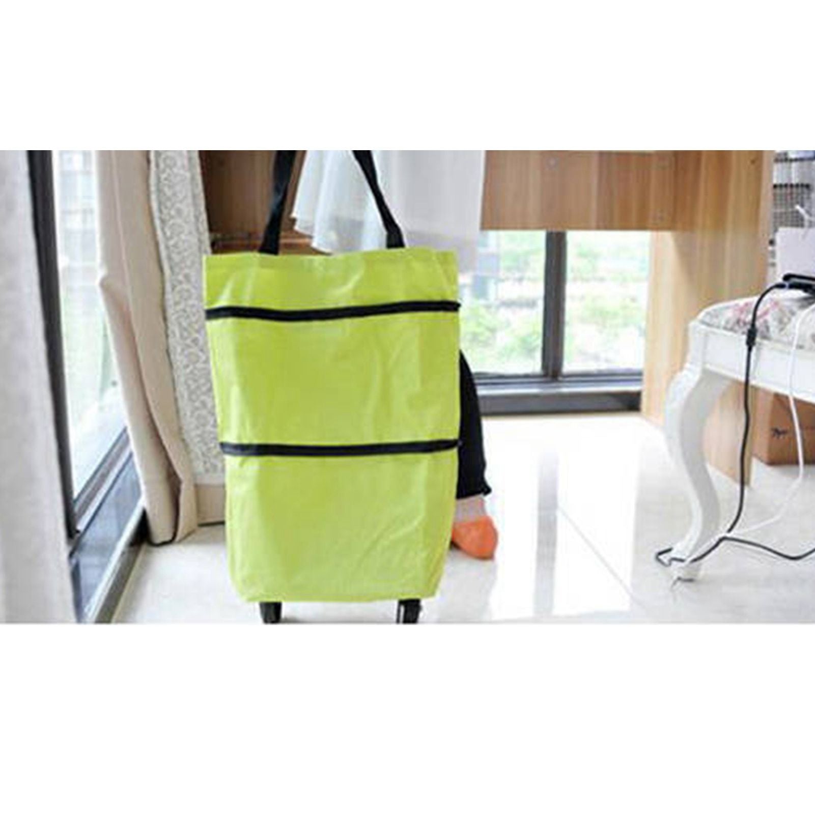 Green Foldable Shopping Bag with Wheels Pure Color Expandable Oxford Cloth Wheeled Foldable Grocery Cart Bag