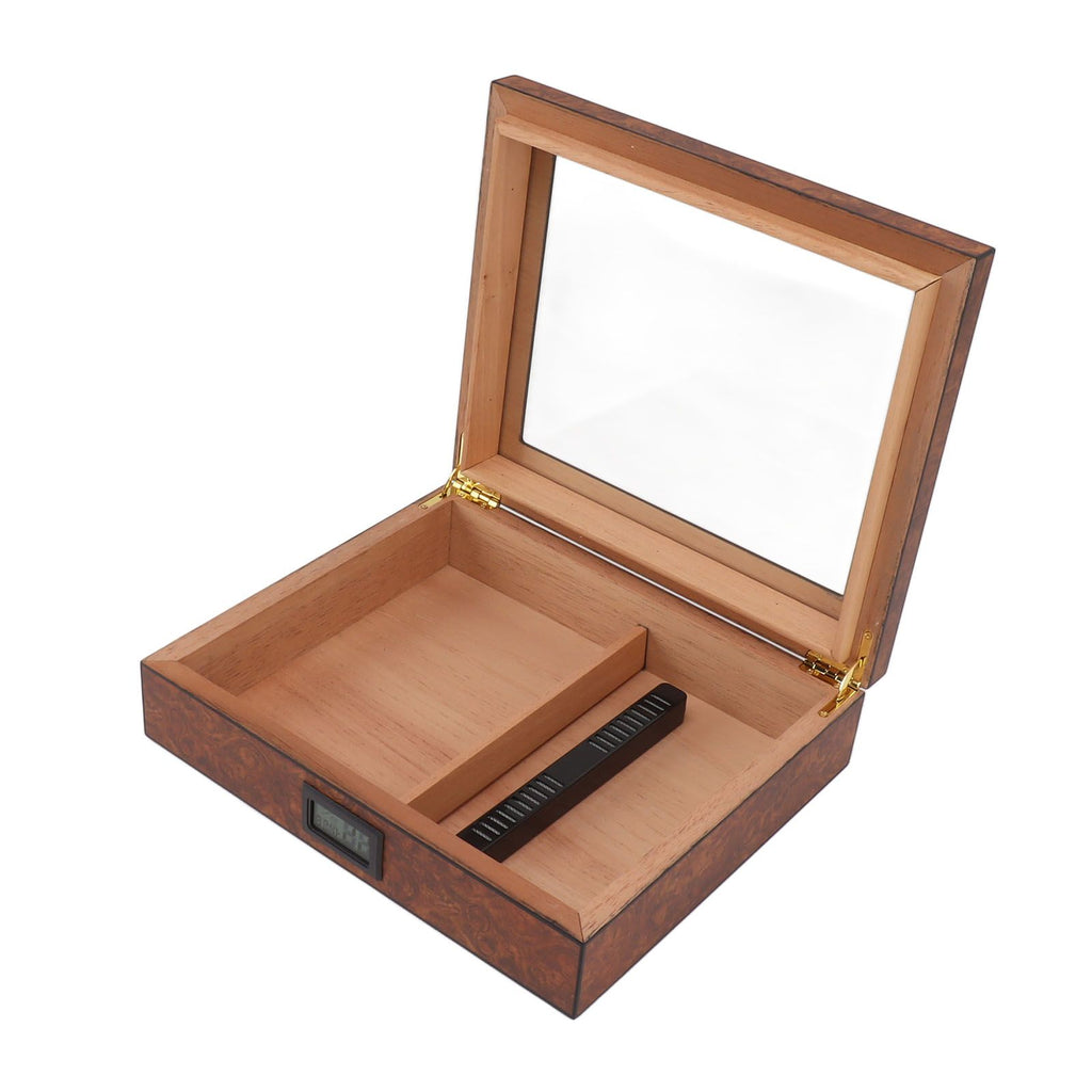 Cigar Humidor Box Portable Cedar Wood Glass Top Cigar Storage Case with Digital Hygrometer Brown