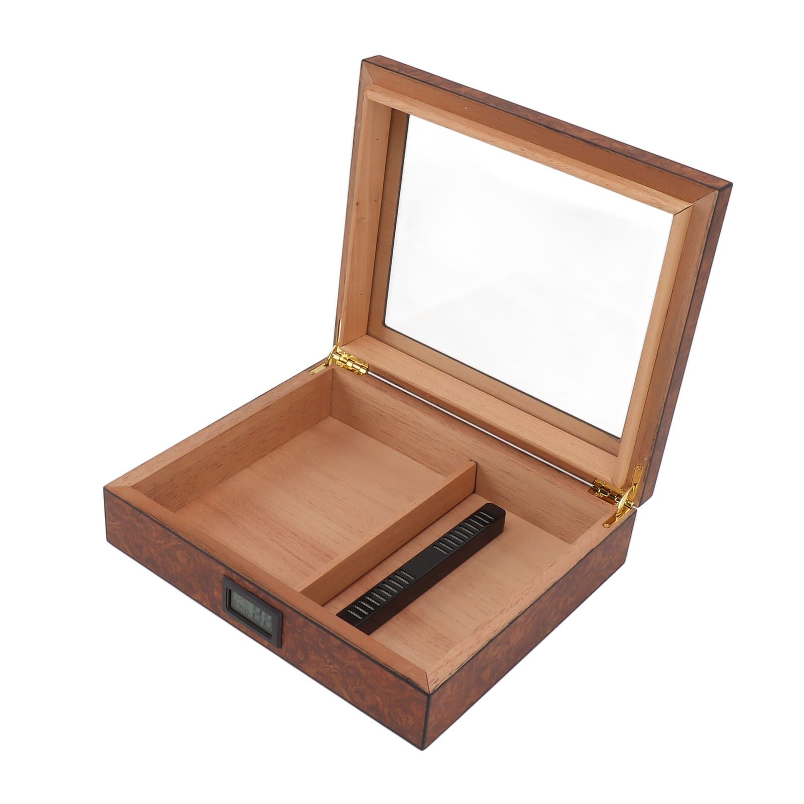 Cigar Humidor Box Portable Cedar Wood Glass Top Cigar Storage Case with Digital Hygrometer Brown