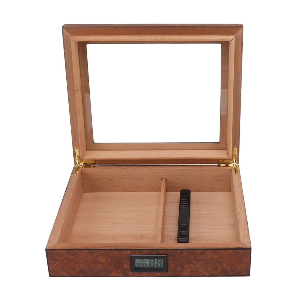 Cigar Humidor Box Portable Cedar Wood Glass Top Cigar Storage Case with Digital Hygrometer Brown