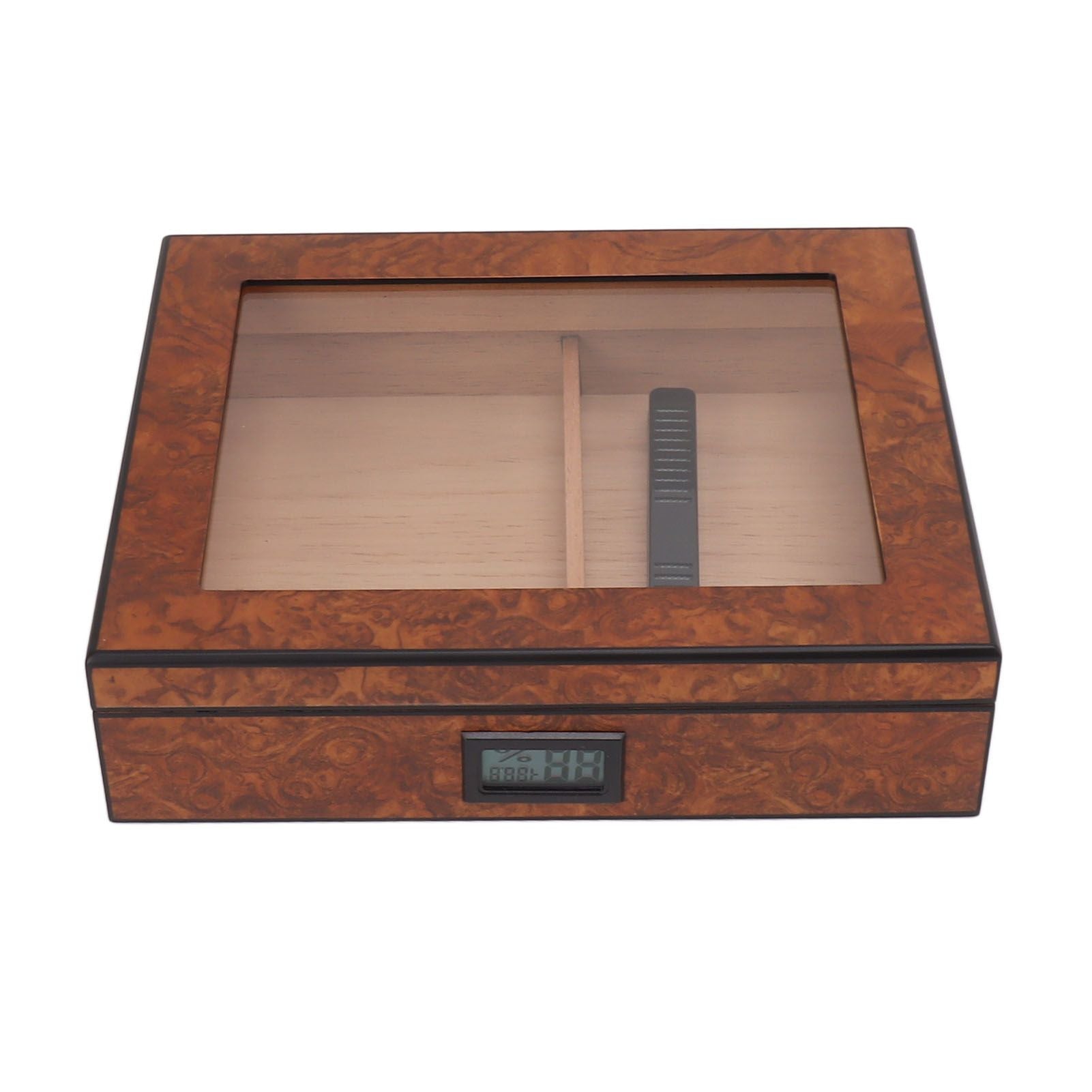 Cigar Humidor Box Portable Cedar Wood Glass Top Cigar Storage Case with Digital Hygrometer Brown