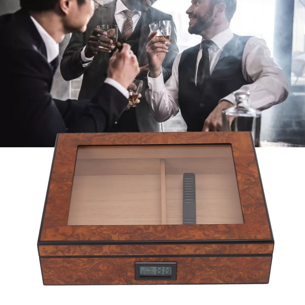 Cigar Humidor Box Portable Cedar Wood Glass Top Cigar Storage Case with Digital Hygrometer Brown