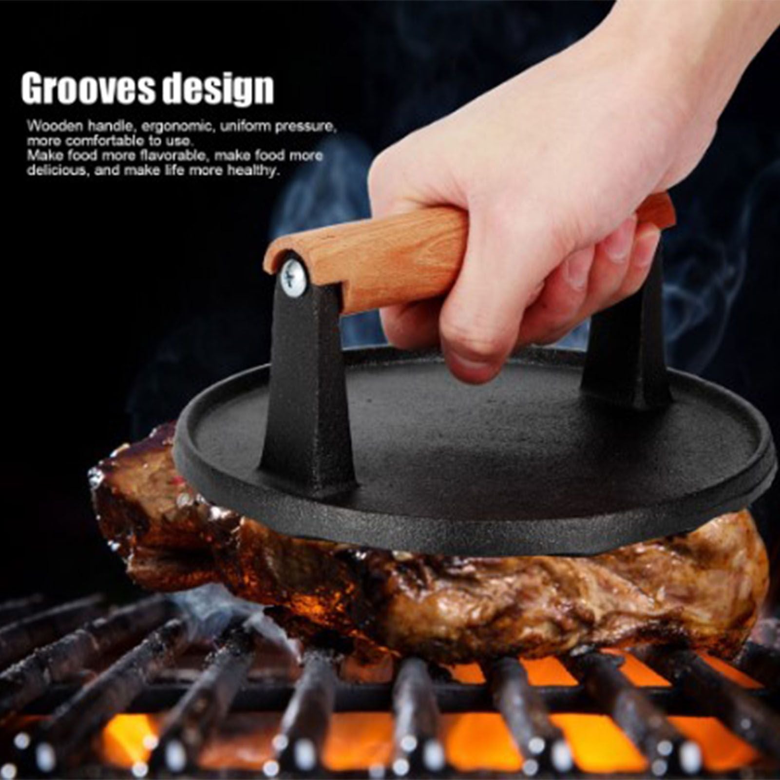 Squid Press Metal Round Patty Maker Meat Press Flattener Plate Barbecue Tool with Wood Handle for Outdoor Picnic