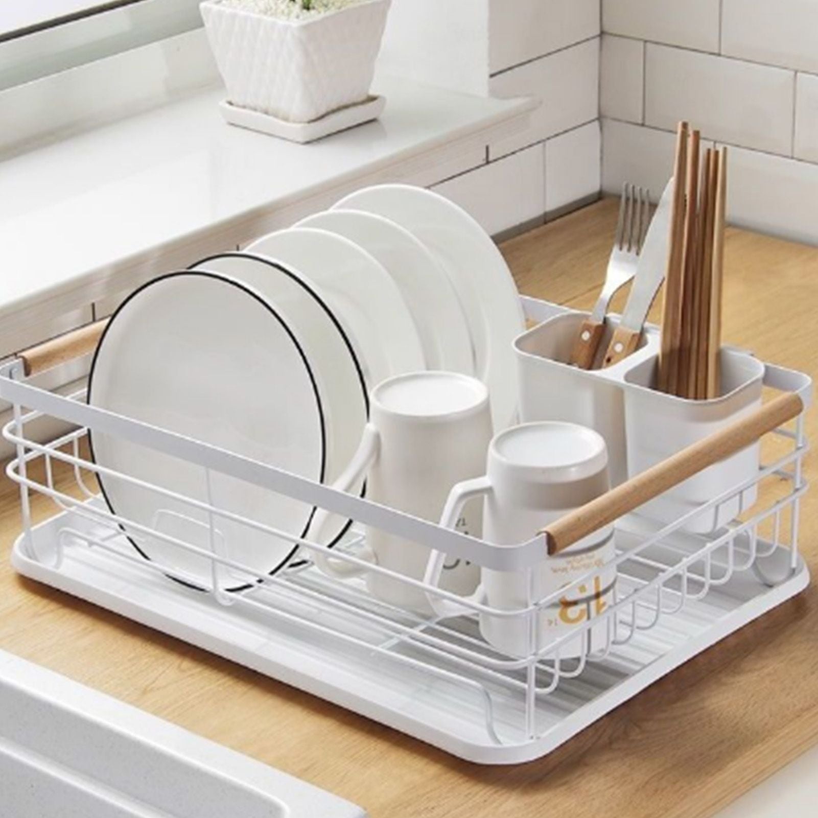 Dish Drainer Kitchen Monolayer Waterproof Cutlery Shelf Tabletop Utensil Storage Shelf White