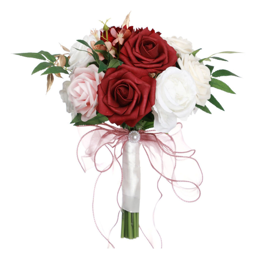 Wedding Bouquets Silk Plastic Realistic Romantic Hand Bouquet for Valentine's Day Party Church Burgundy And White