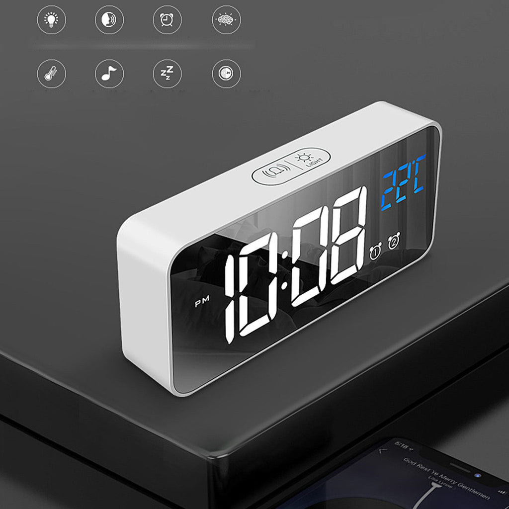 LED Alarm Electric Clock Multifunctional Exquisite Mirrored Surface Silent Bedside Clock for Home Bedroom Office Decor White