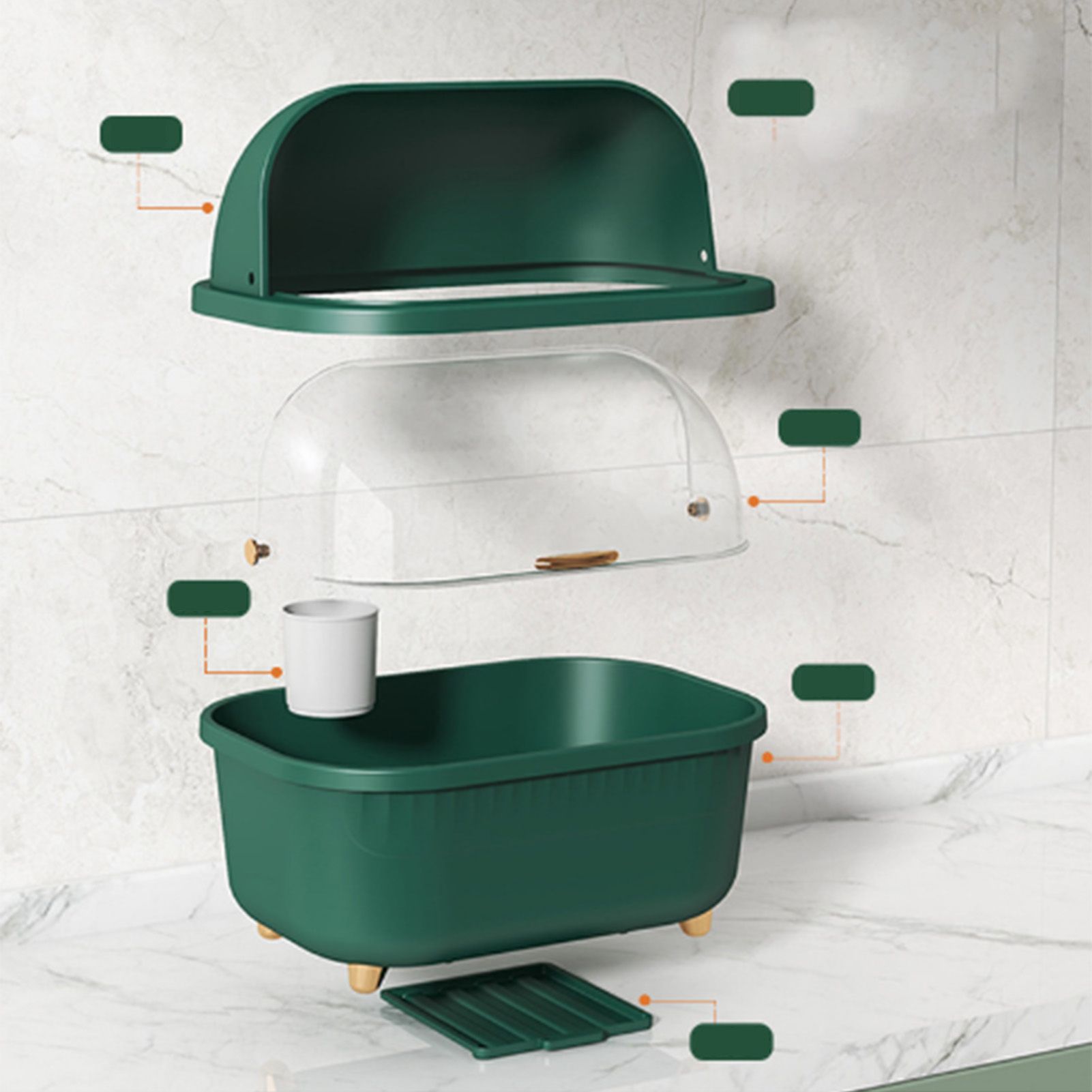 Dish Drying Box Multifunctional Space Saving Dish Drainer with Lid Cover for Kitchen Accessories Green L