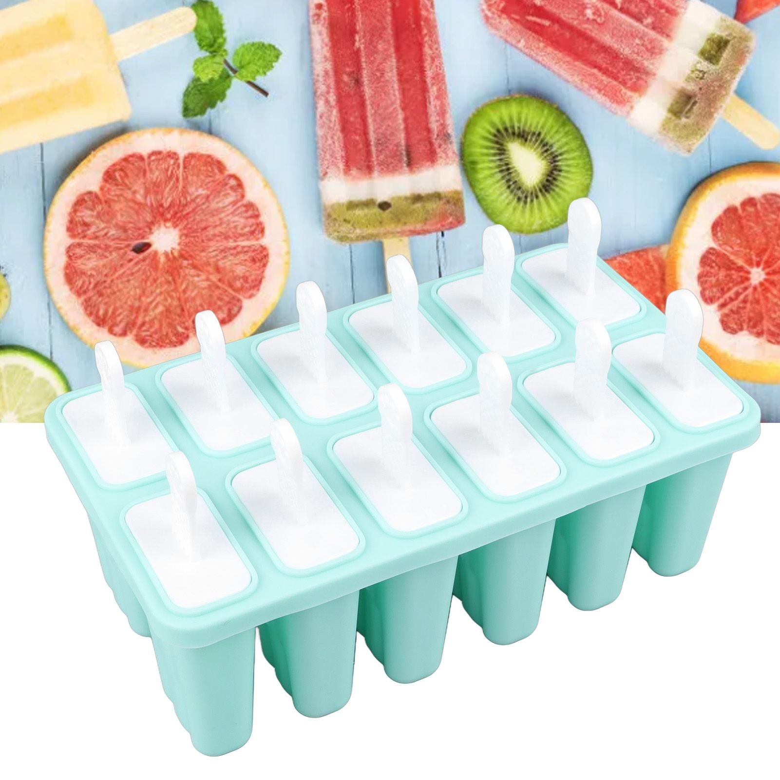 12 Cavity Ice Cream Mould with Stick Easy Release Green Reusable Silicone Ice Pop Moulds for Ice Cream