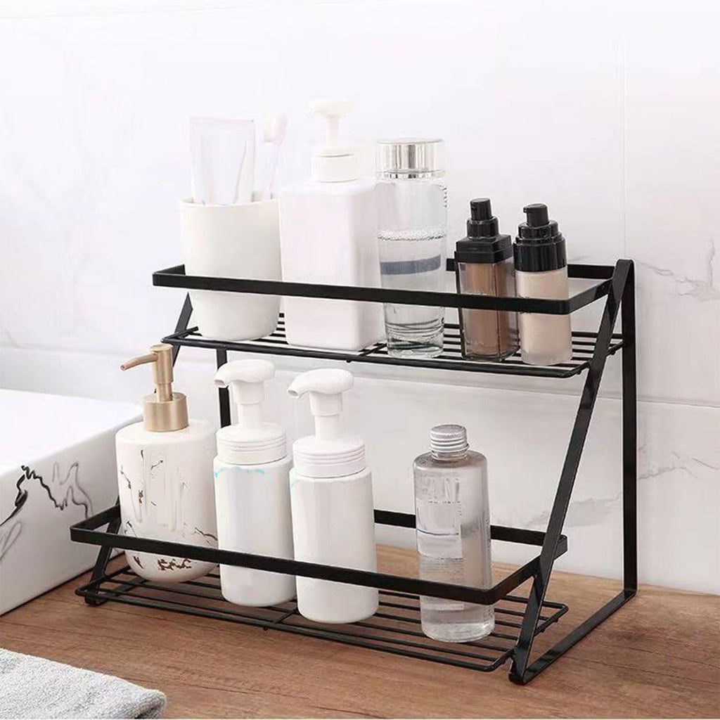 Kitchen Countertop Storage Rack Space Saving Multifunctional 2 Tiers Spice Toiletries Makeup Counter Standing Shelf Black
