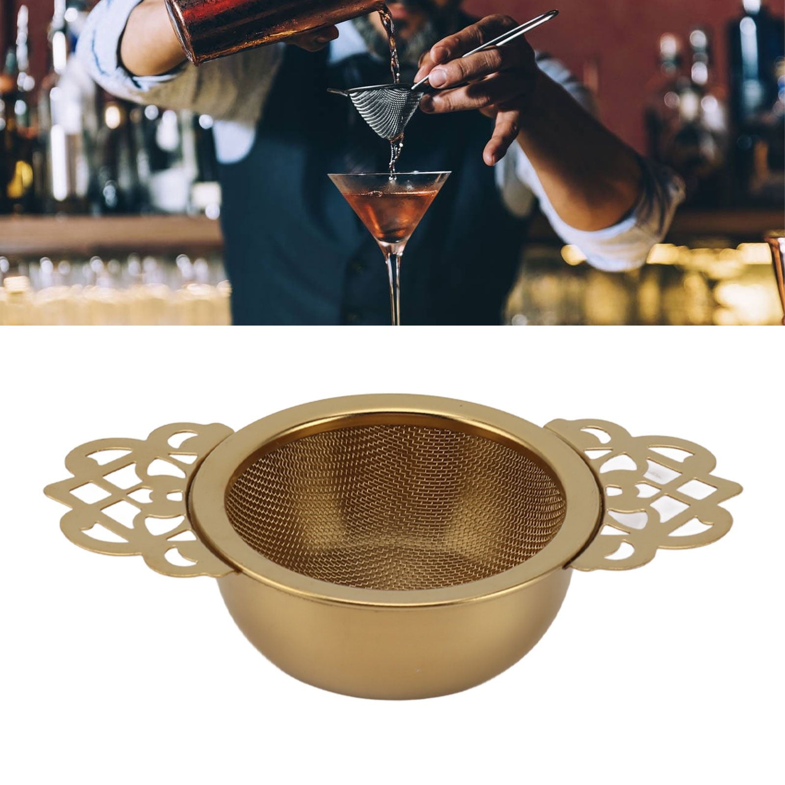 Stainless Steel Tea Strainers with Drip Bowl Double Handles Reusable Fine Mesh Tea Filters for Loose Leaf Herbal Kitchen Gold