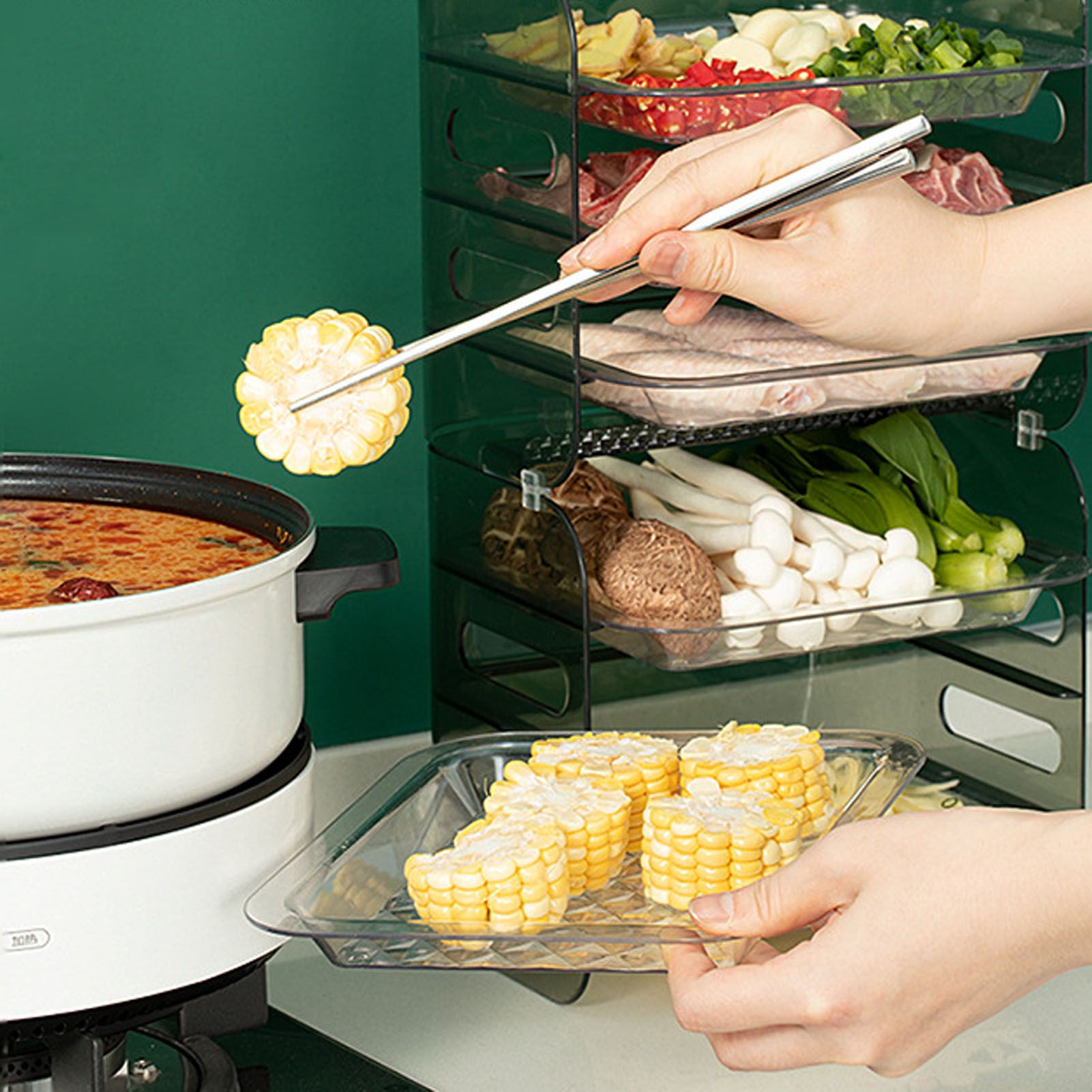 Multi Layer Food Tray Multifunctional Strong Capacity Durable Vegetable Fruit Preparation Plate 6 Layer Green
