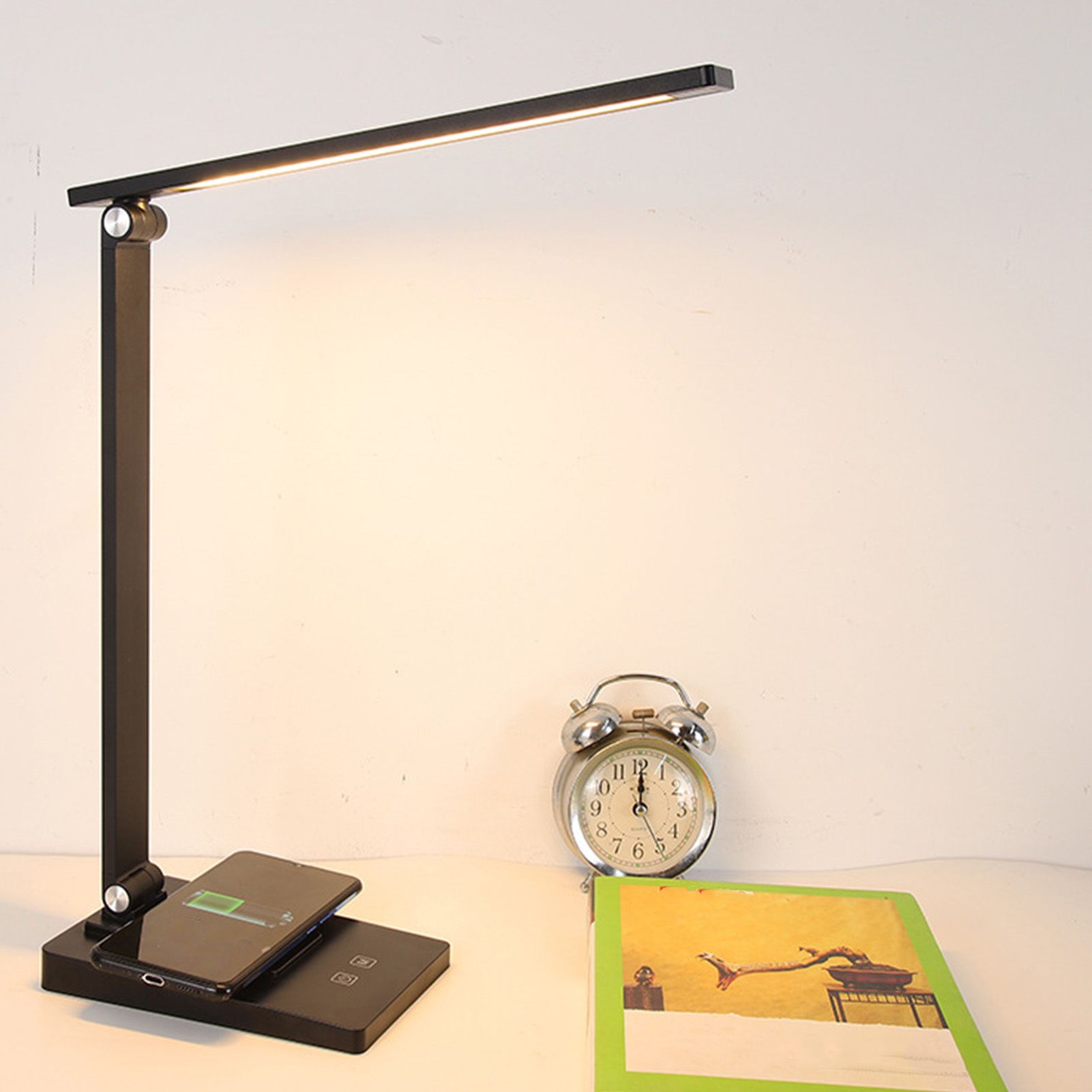 LED Desk Lamp with 3 Levels Brightness Eye Caring Office Reading Lamp Foldable Table Desk Lamp USB Wireless Charging Plug in Version