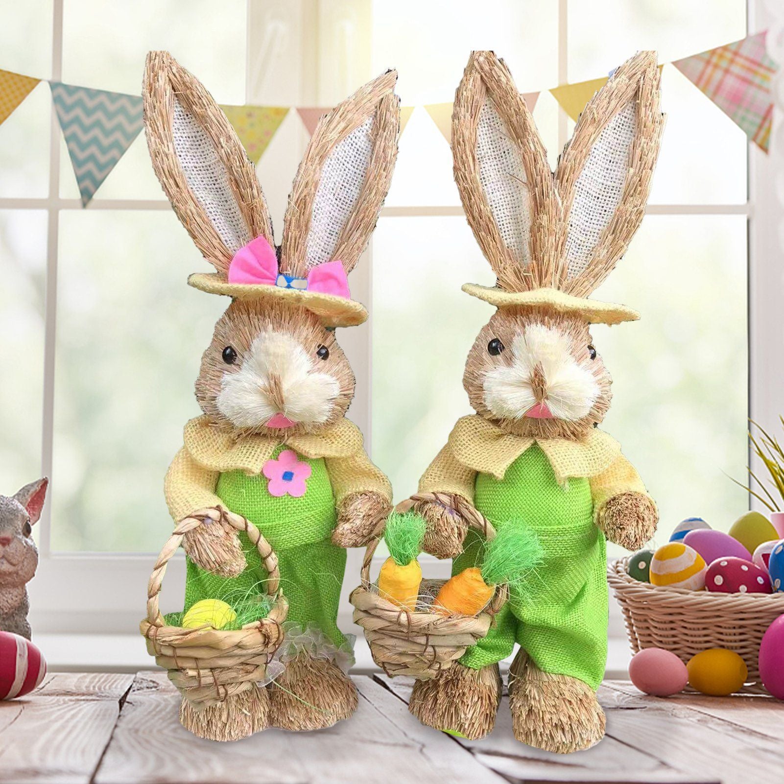 Straw Bunny Couple Cute Vintage Rabbit Ornament Handmade Straw Rabbit Figurine for Home Stage Store Decoration