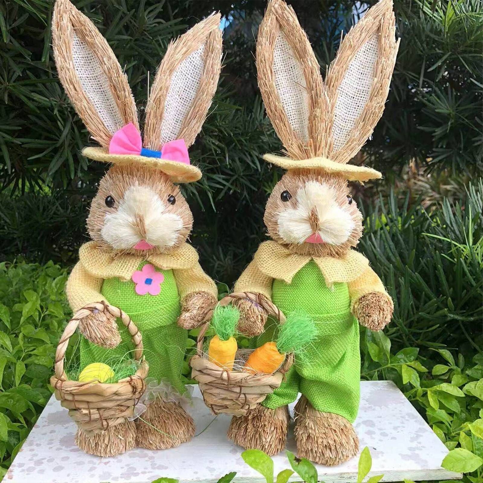 Straw Bunny Couple Cute Vintage Rabbit Ornament Handmade Straw Rabbit Figurine for Home Stage Store Decoration