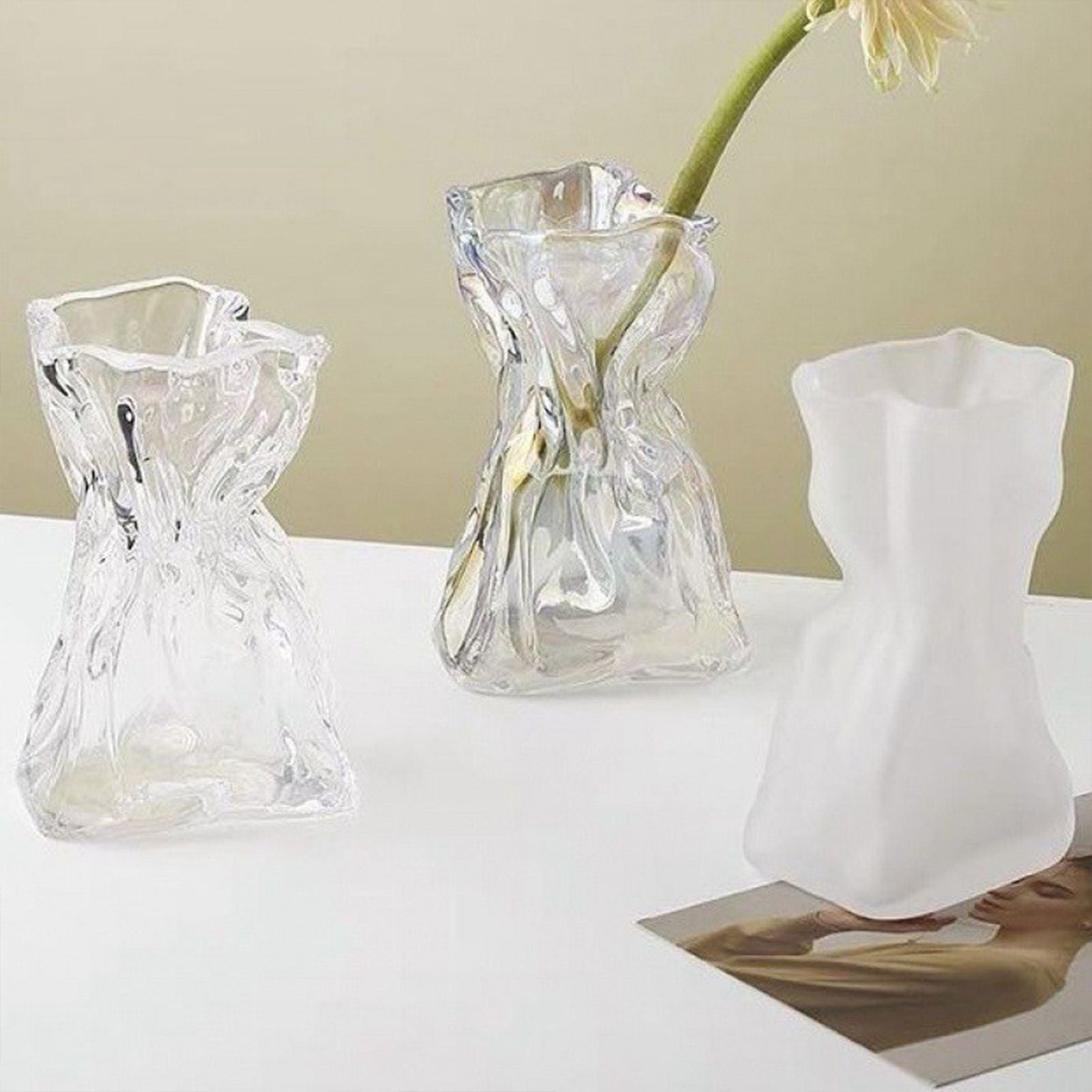 Pleated Glass Vase Light Luxury Hydroponic Vase Living Room Dining Table Dried Flower Vase Flower Arrangement Ornaments