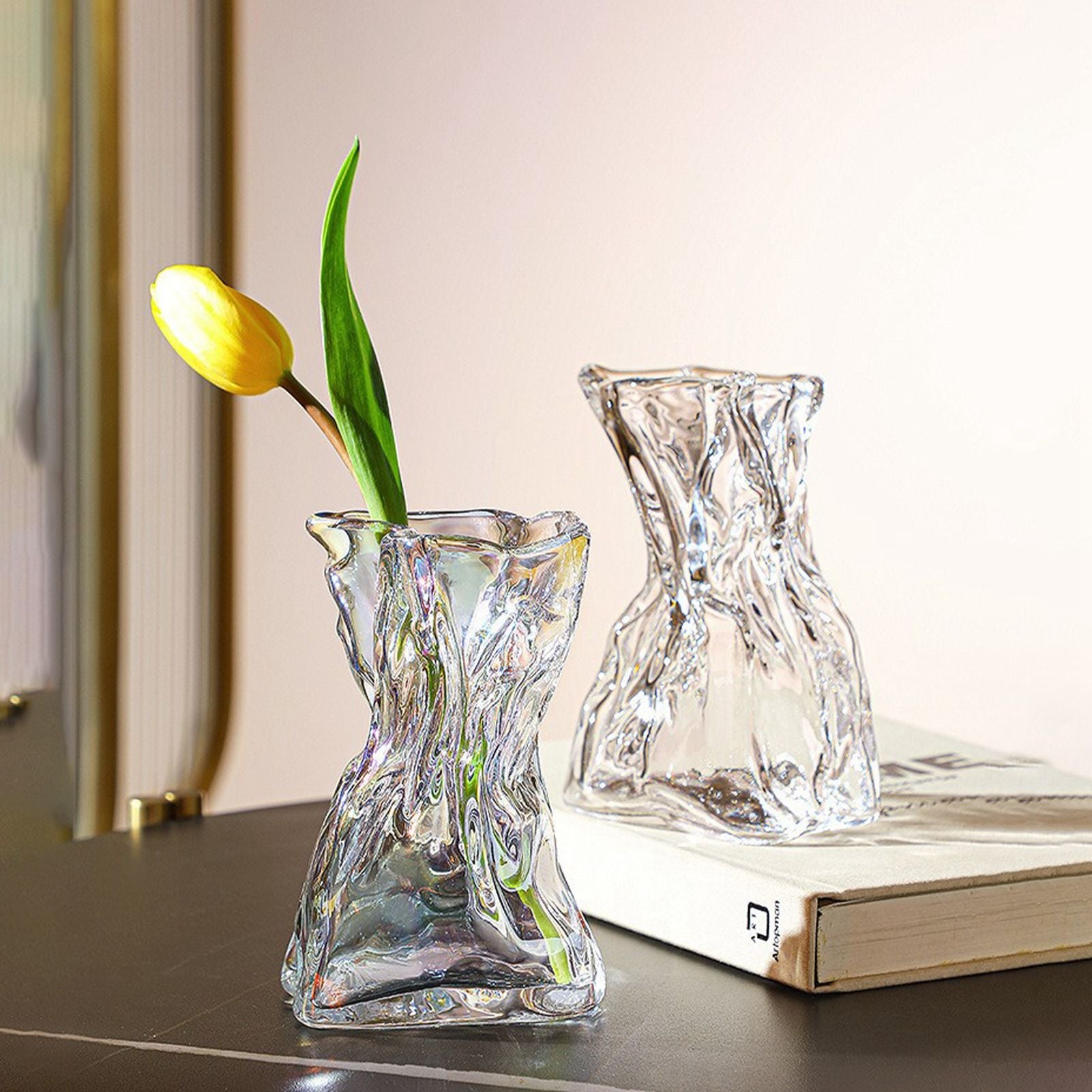 Pleated Glass Vase Light Luxury Hydroponic Vase Living Room Dining Table Dried Flower Vase Flower Arrangement Ornaments