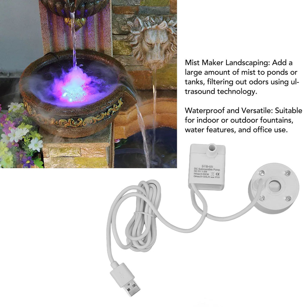Mist Maker USB Fog Maker with Pump LED Colorful Lighting Fountain Atomizer Humidifier 5V Fog Machine for Pond Garden Office White