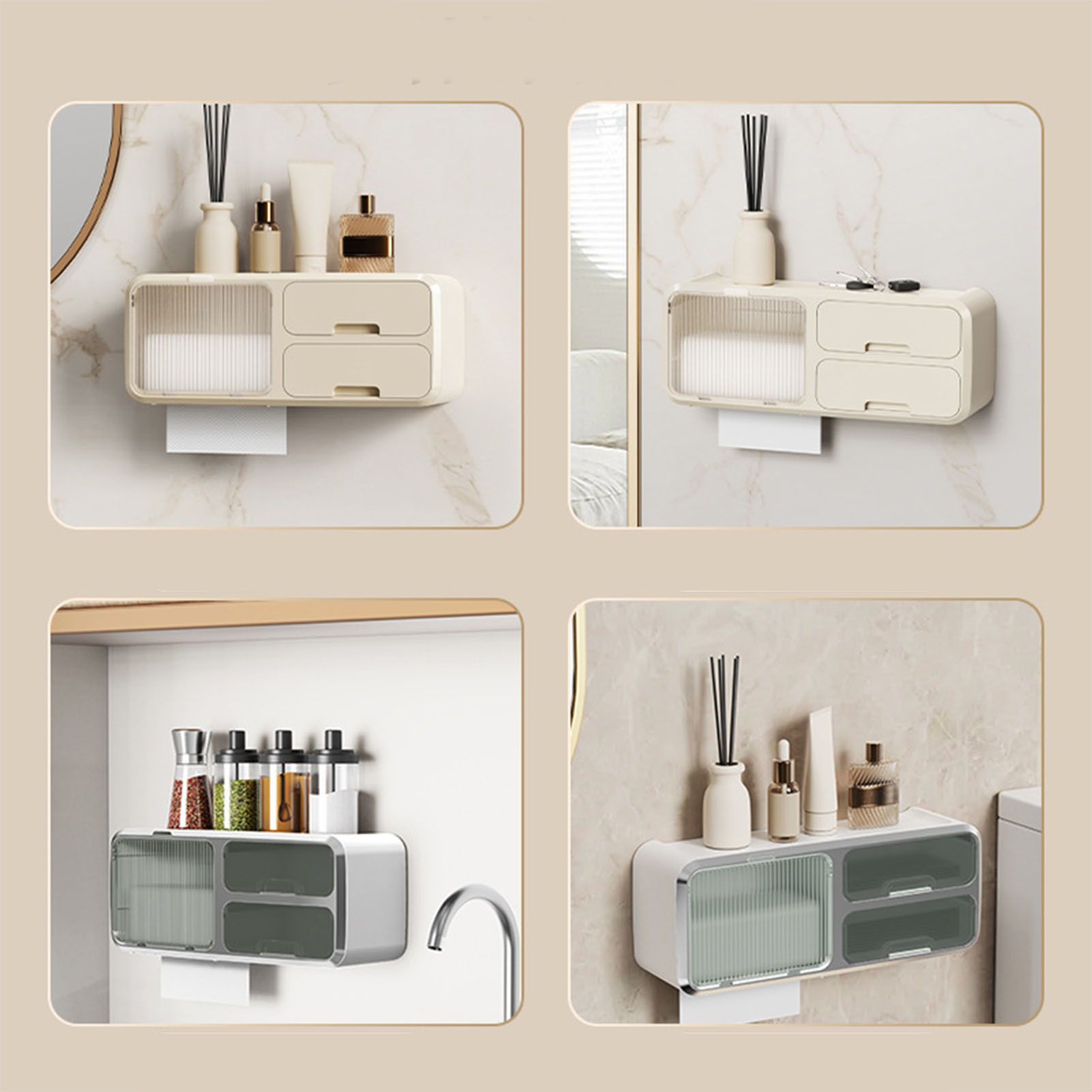 Drill Free Bathroom Tissue Storage Box Waterproof Bathroom Toilet Paper Holder Wall Mounted Toilet Paper Organizer Beige