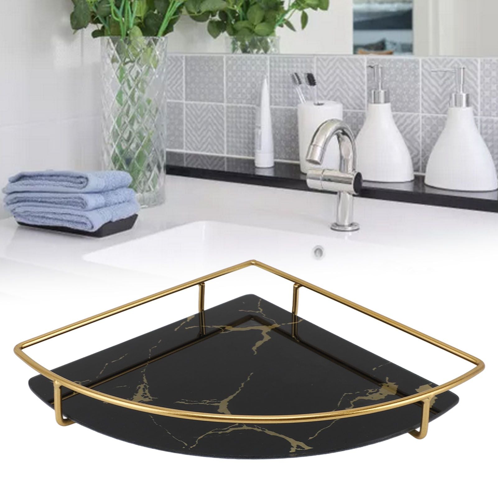Bathroom Storage Tray Light Luxury Decorative Golden Texture Triangle Bathroom Organiser Tray for Soap Towel Paper Napkins Jewellery Makeup Black