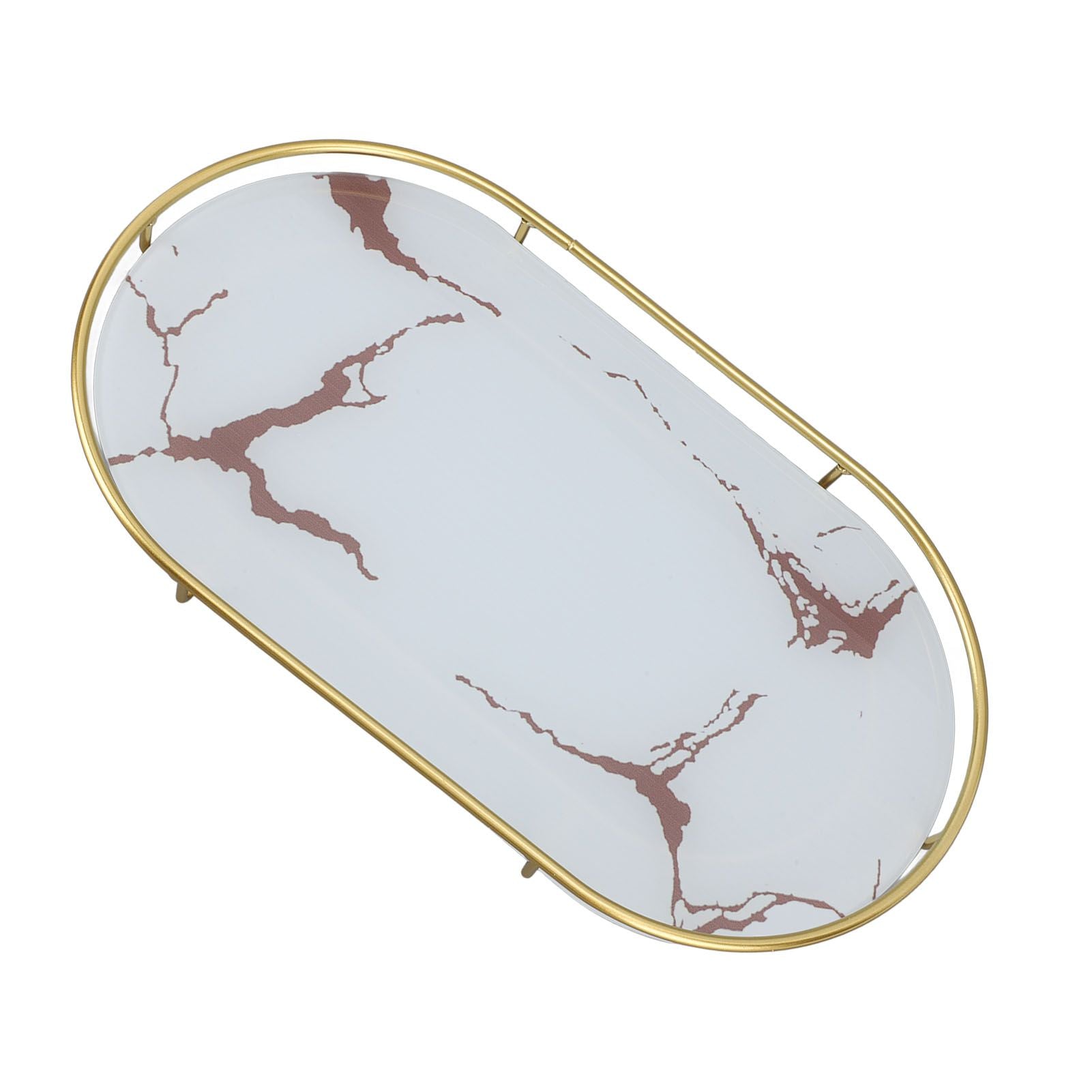 Bathroom Storage Tray Light Luxury Decorative Golden Texture Oval Bathroom Organiser Tray for Soap Towel Paper Napkins Jewellery Makeup White Base