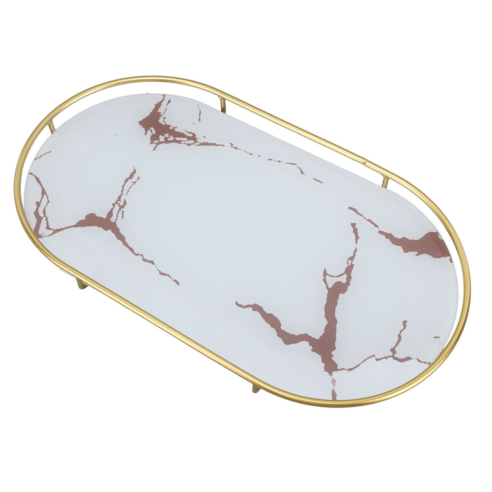 Bathroom Storage Tray Light Luxury Decorative Golden Texture Oval Bathroom Organiser Tray for Soap Towel Paper Napkins Jewellery Makeup White Base