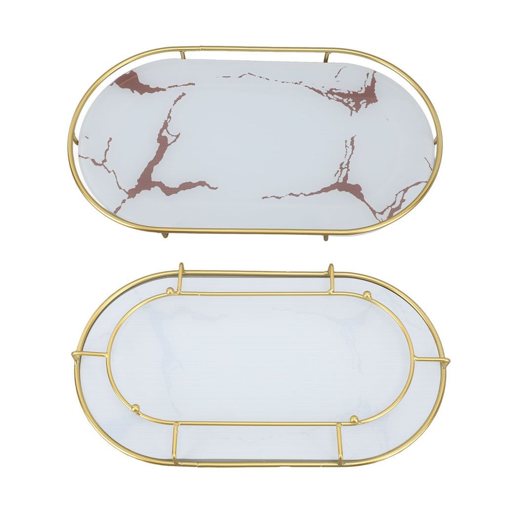 Bathroom Storage Tray Light Luxury Decorative Golden Texture Oval Bathroom Organiser Tray for Soap Towel Paper Napkins Jewellery Makeup White Base