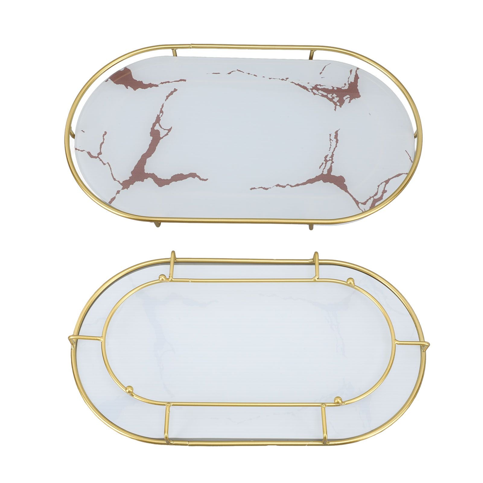 Bathroom Storage Tray Light Luxury Decorative Golden Texture Oval Bathroom Organiser Tray for Soap Towel Paper Napkins Jewellery Makeup White Base