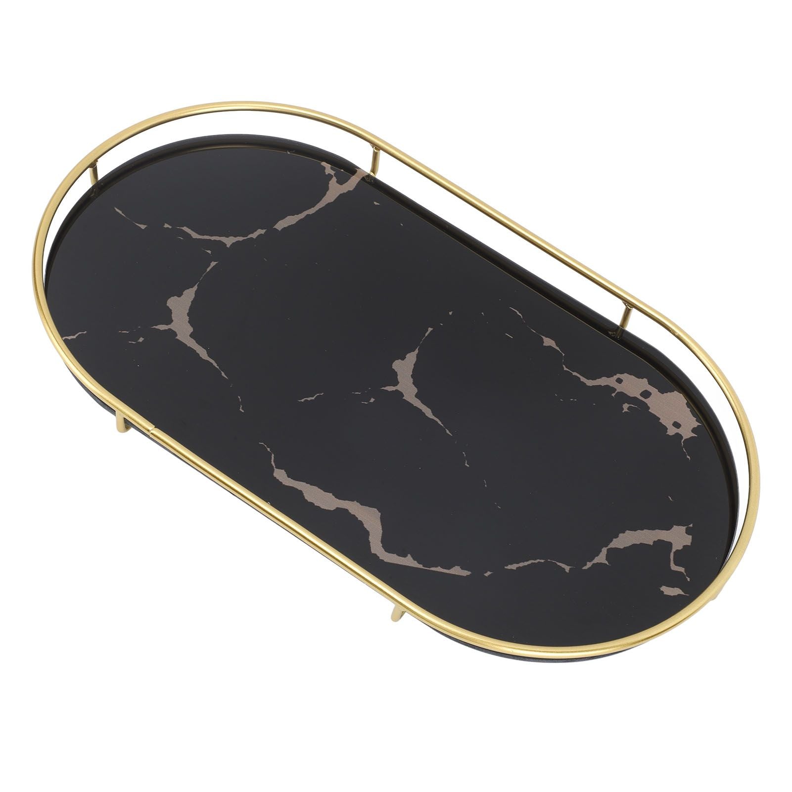 Bathroom Storage Tray Light Luxury Decorative Golden Texture Oval Bathroom Organiser Tray for Soap Towel Paper Napkins Jewellery Makeup Black Base