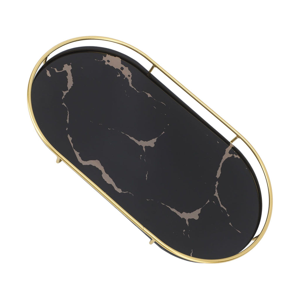Bathroom Storage Tray Light Luxury Decorative Golden Texture Oval Bathroom Organiser Tray for Soap Towel Paper Napkins Jewellery Makeup Black Base