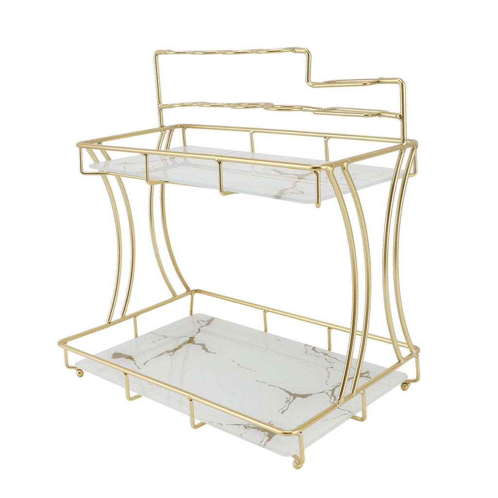 Countertop Storage Rack Double Layer Waterproof Counter Organizer Shelf with Electric Toothbrush Holder for Bathroom White Background Gold Grain