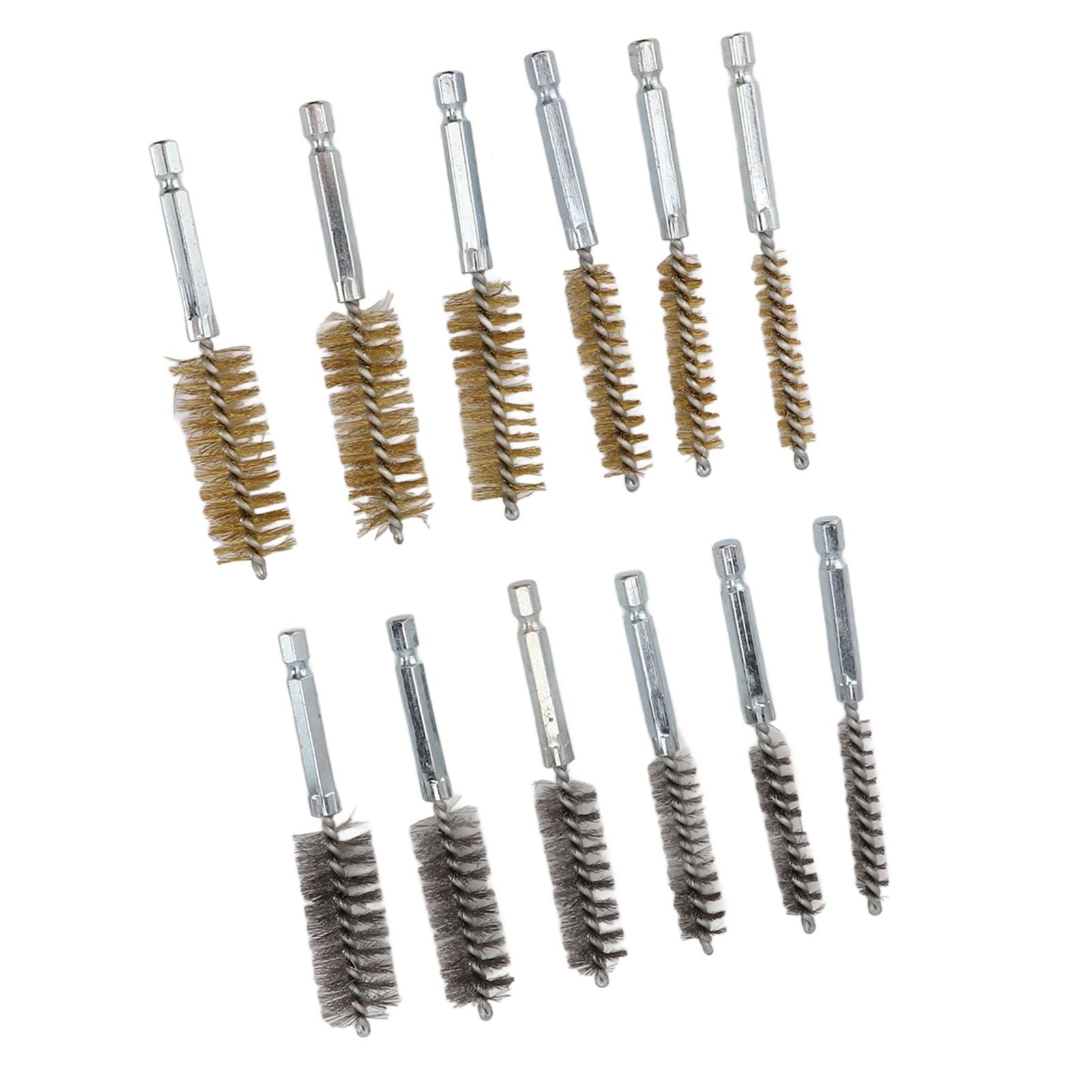 12PCS Bore Brush Copper and Iron 304 Stainless Steel Bristles Wire Brush for Power Drill with Hex Shank Handle