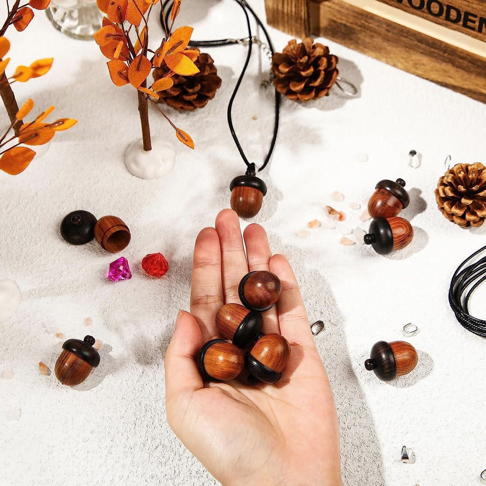 10PCS Wooden Nut Acorn Pendant Necklace Acorn Box Clasp Nylon Cord Kits DIY Pendant Decorations for Women Men Daily Party