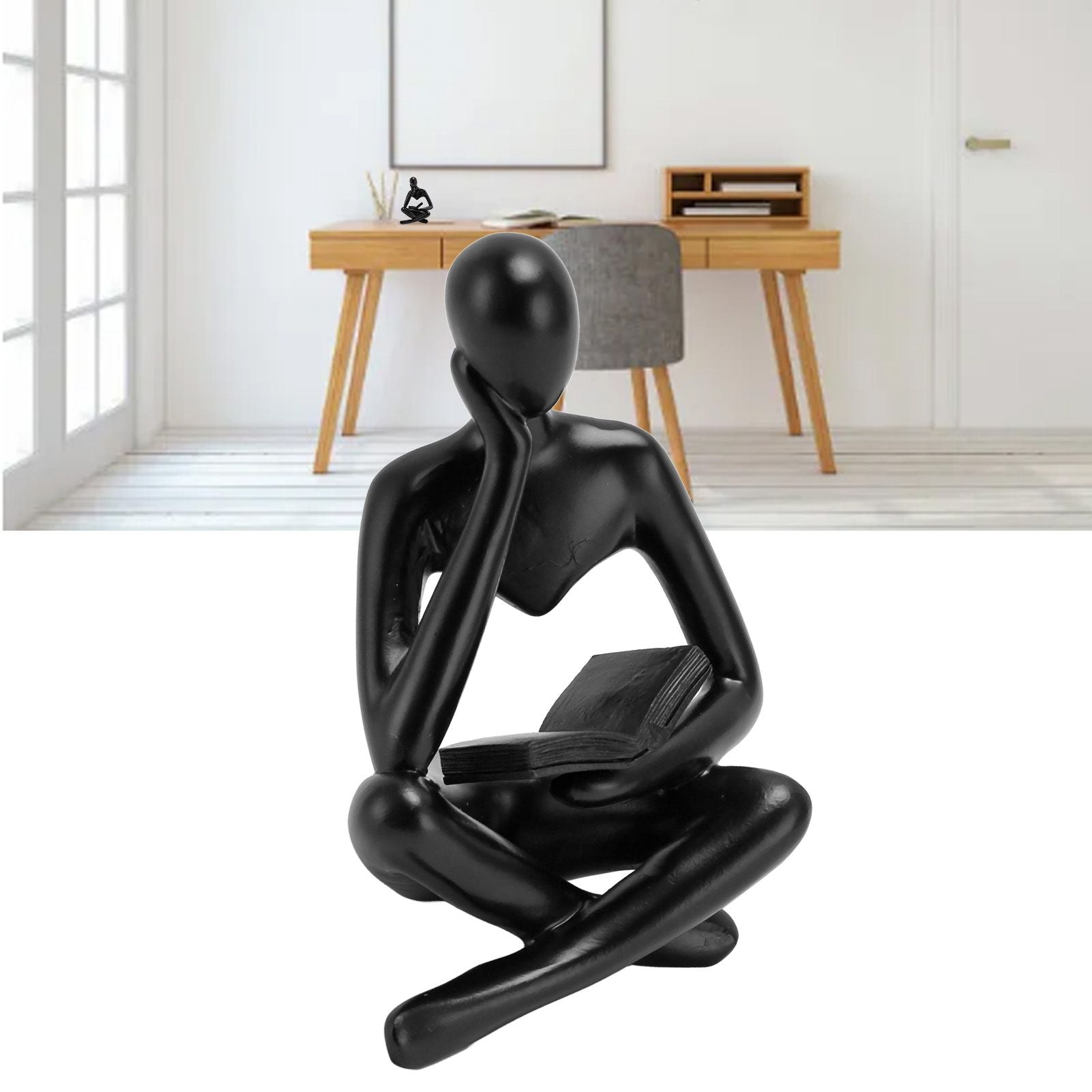 Thinker Reading Statue Resin Sitting Figure Abstract Art Ornament for Living Room Cabinet Decoration Black
