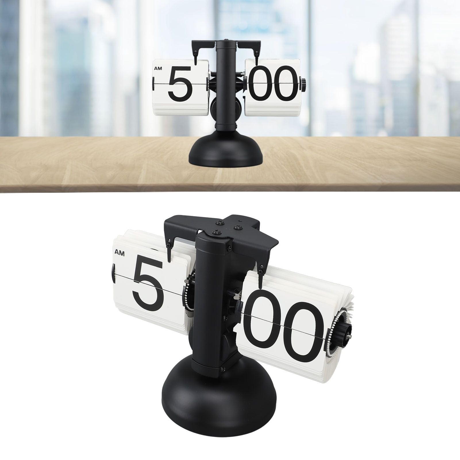European Style Retro Digital Flip Down Clock 304 Stainless Steel Auto Mechanical Digital Flip Desk Clock for Home Livingroom 12 Hours Single Leg Black Frame White Page